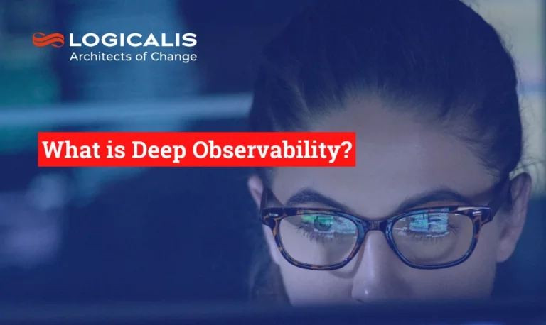 woman looking into screen with deep observability heading overhead